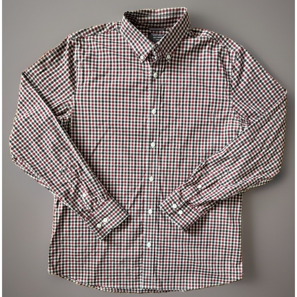 Nordstrom Tech Smart Long Sleeve Button Shirt Red Black Plaid Trim Large JBHS